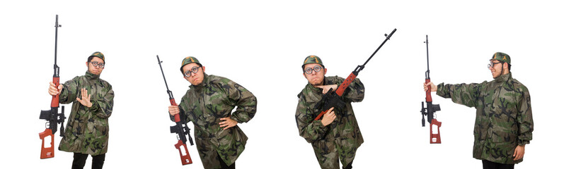 Military man with a gun isolated on white