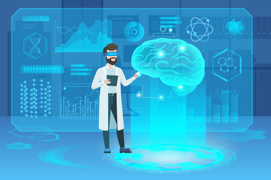 Human brain futuristic medical hologram with doctor scientist character vector illustration. Brain model screening ar interface. Diagrams, pie chart infographics. Medicine and healthcare icons