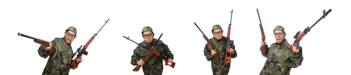 Military man with a gun isolated on white