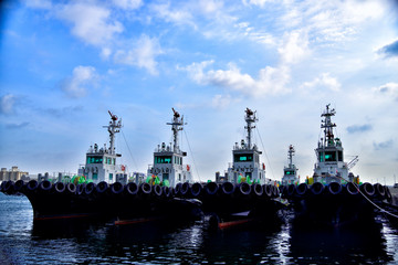 Fototapeta premium YOKOSUKA, KANAGAWA / Japan - , Apr. 21, 2019: Patrol boats to be anchored near Mikasa park.