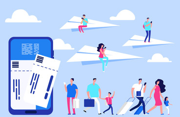 Vector online tickets concept. Travellers, smartphone with tickets, paper planes illustration. Smartphone online app for booking airplane flight