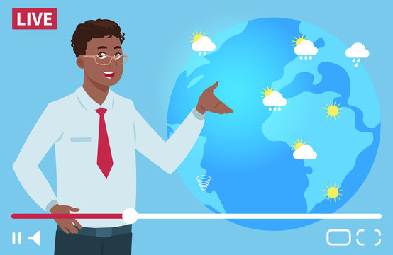 Man anchorman wheather channel vector illustration. Worldwide weather forecast concept. Weather news tv, forecast reporter about rain and sun