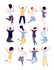 Jumping people set. happy smiling adults enjoy in jump celebrating event. healthy lifestyle Isolated vector cartoon characters. Young jump people, female and male smiling celebration illustration