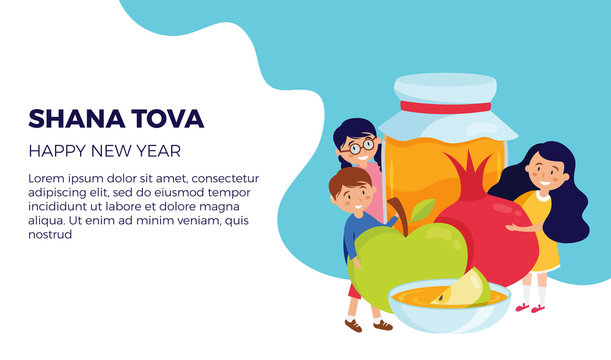 shana tova greeting card with happy kids holding rosh hashana symbols, appla, pomegranate and honey. Vector