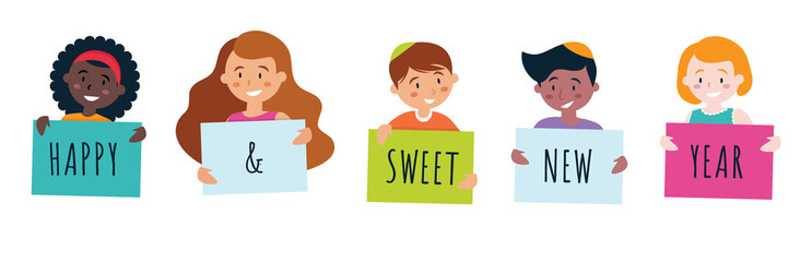Kids holding signs saying: Happy & Sweet New year for rosh hashana. vector