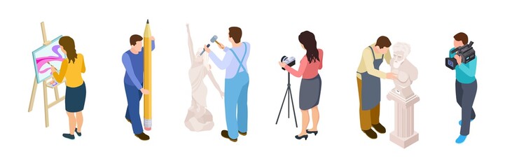 Isometric creative people vector. Artists, designer, videographer, sculptor isolated on white background. Sculptor work, people drawing, art hobby illustration