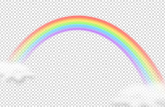 Realistic rainbow vector icon. Rainbow with clouds isolated on transparent background. Illustration of rainbow arch curve, spectrum effect