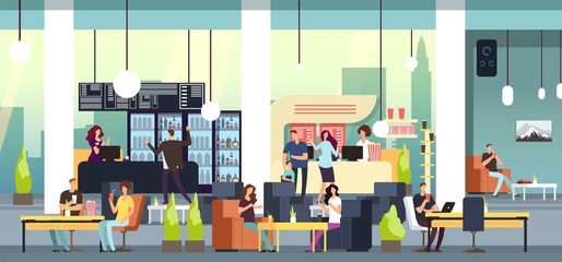 Men and women at food court vector illustration. Canteen and cafeteria, inside cafe in mall