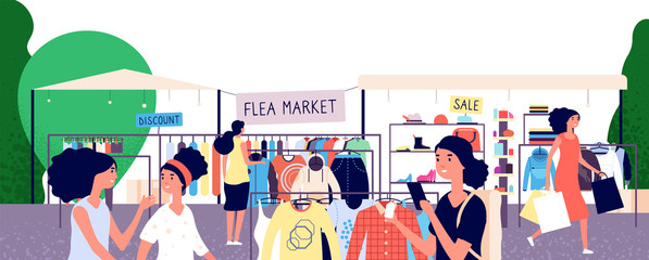 Flea market. Women shoppers choosing fashion clothes at bazaar. Garage street sale and secondhand shopping vector concept. Shopping outdoor bazaar illustration