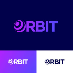 Orbit logo. Types and letter and O like a planet or sphere. Abstract space logo on different backgrounds. 3D imitation.