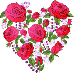 beautiful heart of red roses and green  leaves