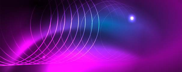 Neon glowing techno lines, hi-tech futuristic abstract background template, vector