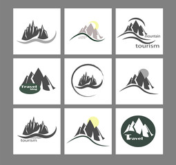 Vector set, collection of icons and logos with mountains. Mountain sport Beautiful mountain landscape - flat design