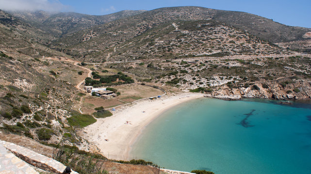 A view of a beautiful beach in a secluded cove, on the small and quiet Greek island of Donoussa, in the Cyclades