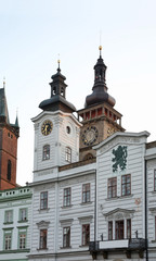 Fototapeta na wymiar Old town hall and White tower at Large square (Velke namesti) in Hradec Kralove. Czech Republic