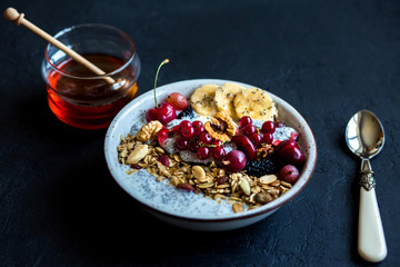  Breakfast with granola, fruit, chia and honey