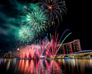 Singapore national day fireworks with Marina Bay Sands background