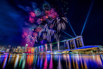 Singapore national day fireworks with Marina Bay Sands background