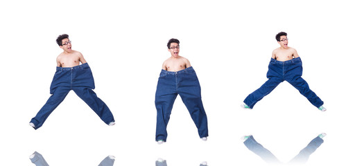 Funny man with trousers isolated on white
