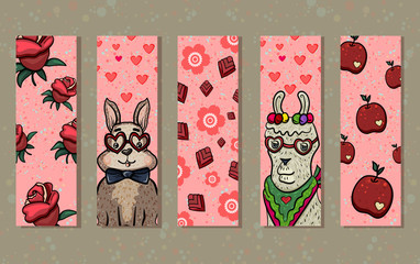 Cartoon bookmarks kawaii baby rabbit and llama. Rose, apple and hearts motif. Set of 5 pink bookmarks for printing. Background with splashes
