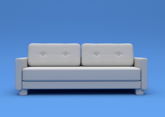 Modern sofa isolated on a pastel blue living room. Empty interior background . Minimal creative style concept. 3D rendering illistration front view
