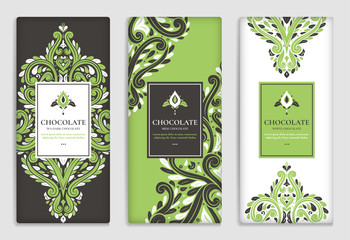 Green and brown vintage packaging design of chocolate bars. Vector luxury template with ornament elements. Can be used for background and wallpaper. Great for food and drink package types.