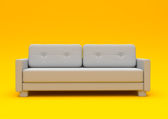 Modern sofa isolated on a pastel yellow living room. Empty interior background . Minimal creative style concept. 3D rendering illistration front view