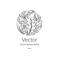 Linear decorative emblem with leaves in a circle shape. Can be used as monogram and logo. Luxury vintage vector template with elegant elements. Great for wallpaper or background decoration.