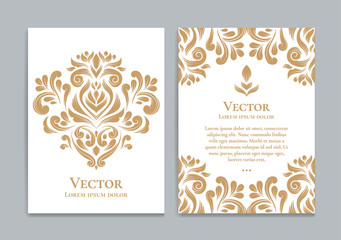 White vector greeting card with golden luxury ornament template. Great for invitation, flyer, menu, brochure, postcard, background, wallpaper, decoration, packaging or any desired idea.