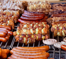 Assortment of grilled sausages and kebabs