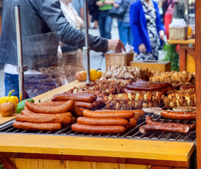 Assortment of grilled sausages and kebabs