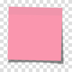 Rosy paper sticky note glued to the surface isolated on transparent background. Vector illustration.