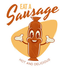 retro cartoon illustration of a happy sausage mascot