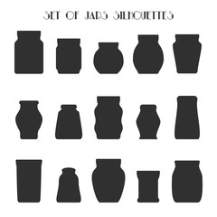 Vector illustration of isolated jars icons set. Silhouettes of 15 different mason or glass jars. Monochrome jars collection. Fully editable file for your projects.