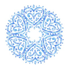 Hand drawn watercolor heart circle ornament, blue round pattern, vintage decorative illustration.