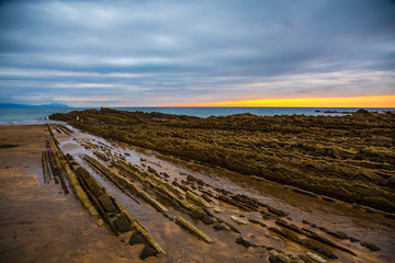 Fototapeta na wymiar The flysch of Itzurun in the Zumaia with the sea in the background with the sunset in the background. Spain