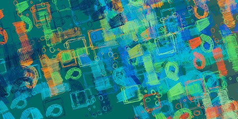 Fototapeta premium Digital sketch on colorful wall. 2d illustration. Texture backdrop painting. Creative chaos structure.