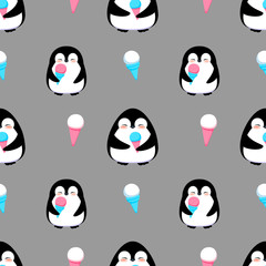 Penguin with ice cream seamless pattern, cartoon colorful vector illustration, isolated on background. 