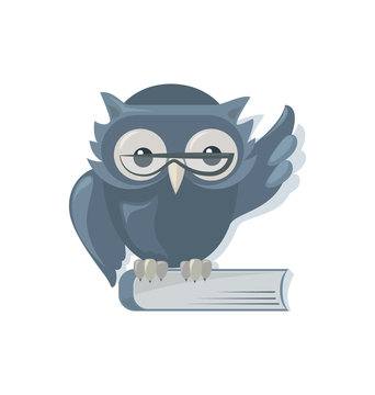 Wise owl with glasses and a book. Emblem. The image of a gray owl for the design of a notebook, scheduler, organizer, bookmark and bookshelf.