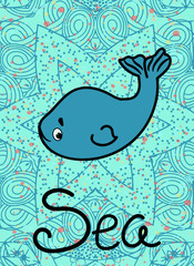 Sea fish cartoon image. Blue background with star. - Vector