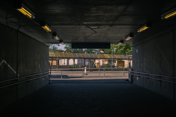 View from an underpass to the tram station of Stuttgart-Feuerbach