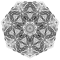 Oriental kaleidoscope black and white. Pattern coloring for adults. Hand drawn illustration. - Vector