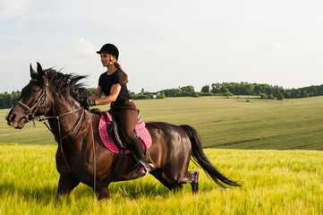 A girl and a young sports horse in the nature