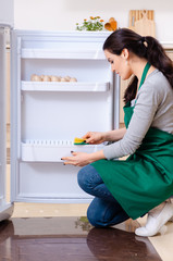 Young woman cleaning fridge in hygiene concept 