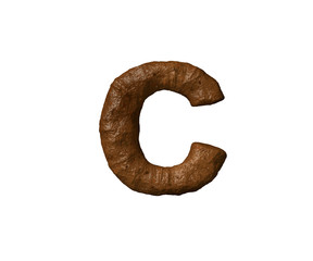 letter C of poo or dirt isolated on white - bad smell brown alphabet, 3D illustration of symbols