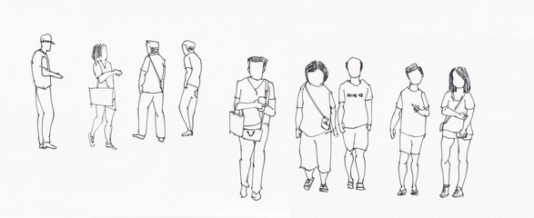 group of people walking ink sketch panorama view