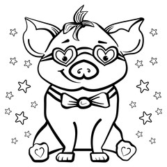 The guinea pig with glasses in shape of heart and in pants with suspenders. Coloring book or page for adults and children. Valentine's Day.- Vector