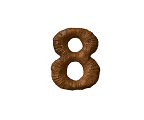 Brown mud or poo alphabet - number 8 isolated on white background, 3D illustration of symbols