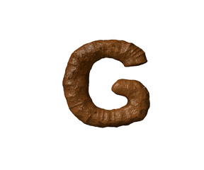 letter G of shit or mud isolated on white - bad smell brown alphabet, 3D illustration of symbols