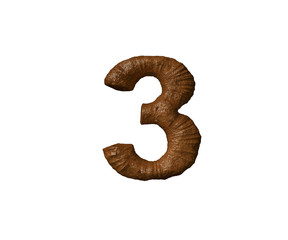 number 3 of poo or clay isolated on white - bad smell brown alphabet, 3D illustration of symbols